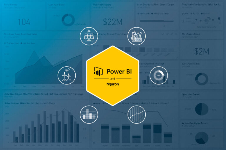 Picture showing a Power BI dashboard with N3uron IIoT's and Power BI's logos on top of it.