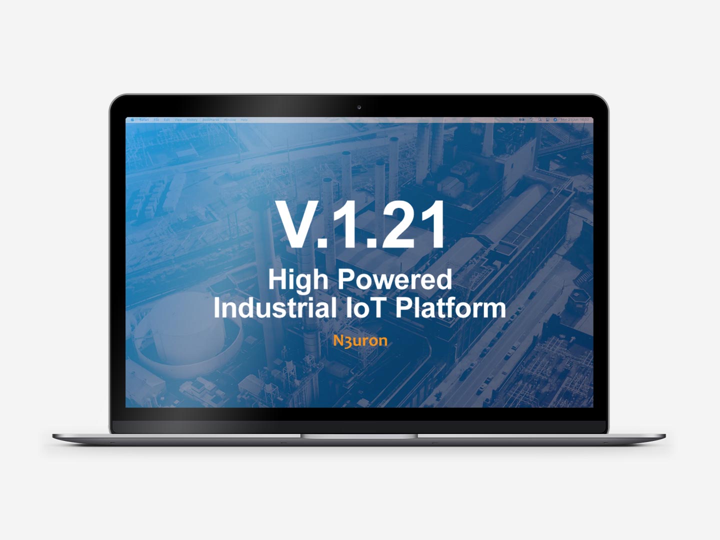 N3uron V.1.21 Image A laptop showing an industrial plant with the N3uron V.1.21 logo on top of it