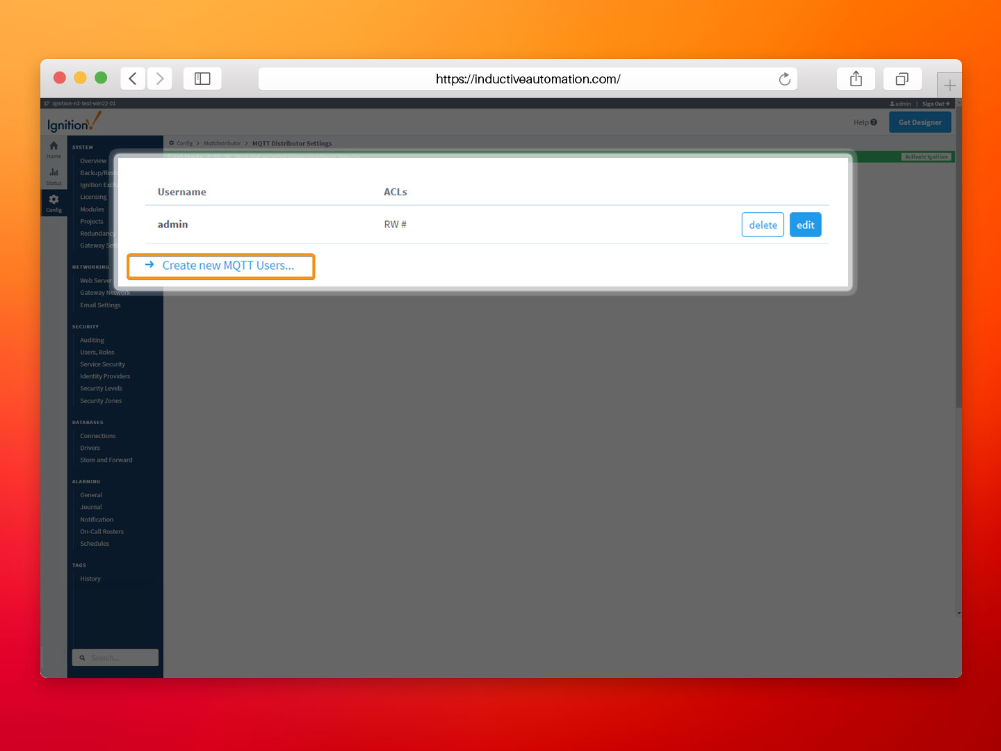 Picture showing the Ignition user configuration panel to create a new MQTT user