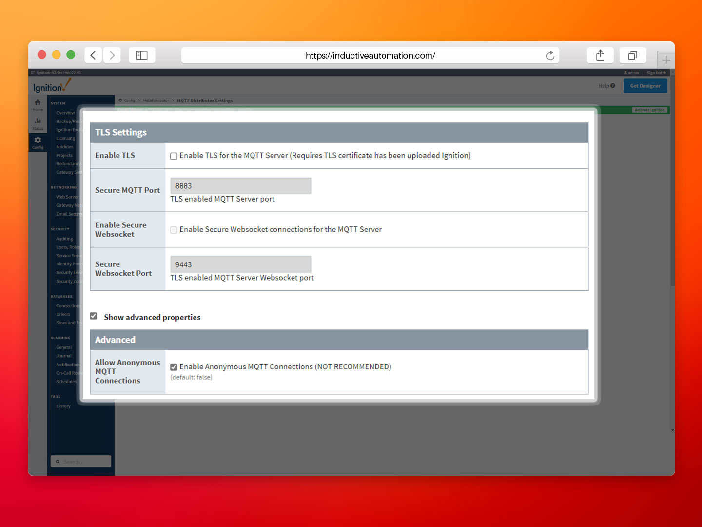 Picture showing the Ignition advanced setting panel of the MQTT Distributor module