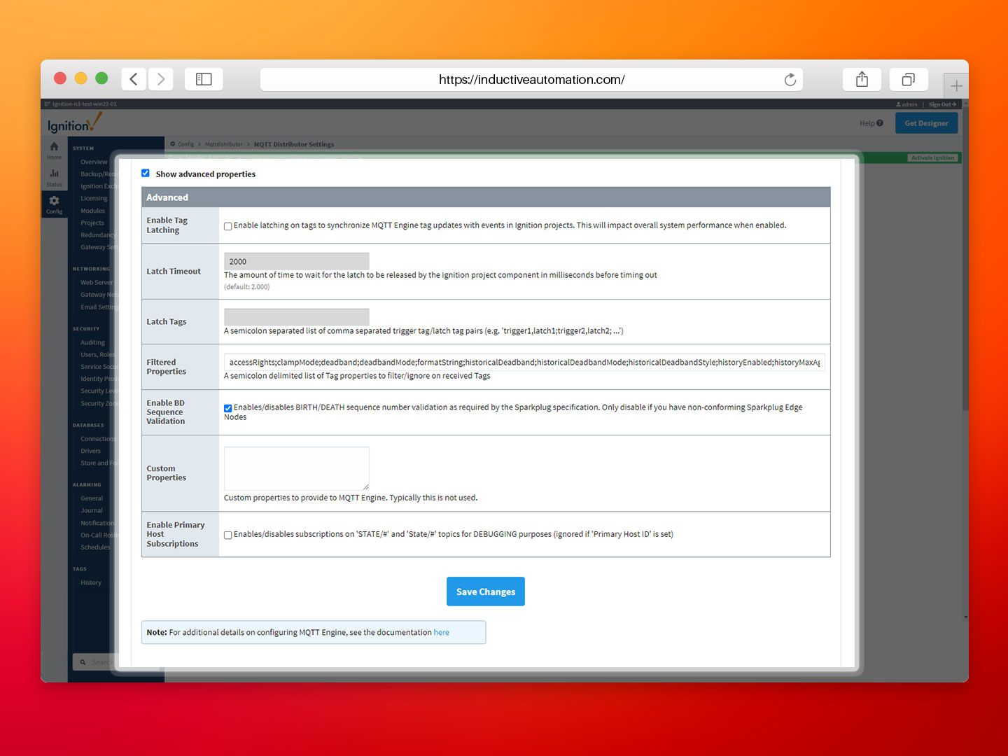 Picture showing the advanced settings within the Ignition MQTT Engine Configuration panel