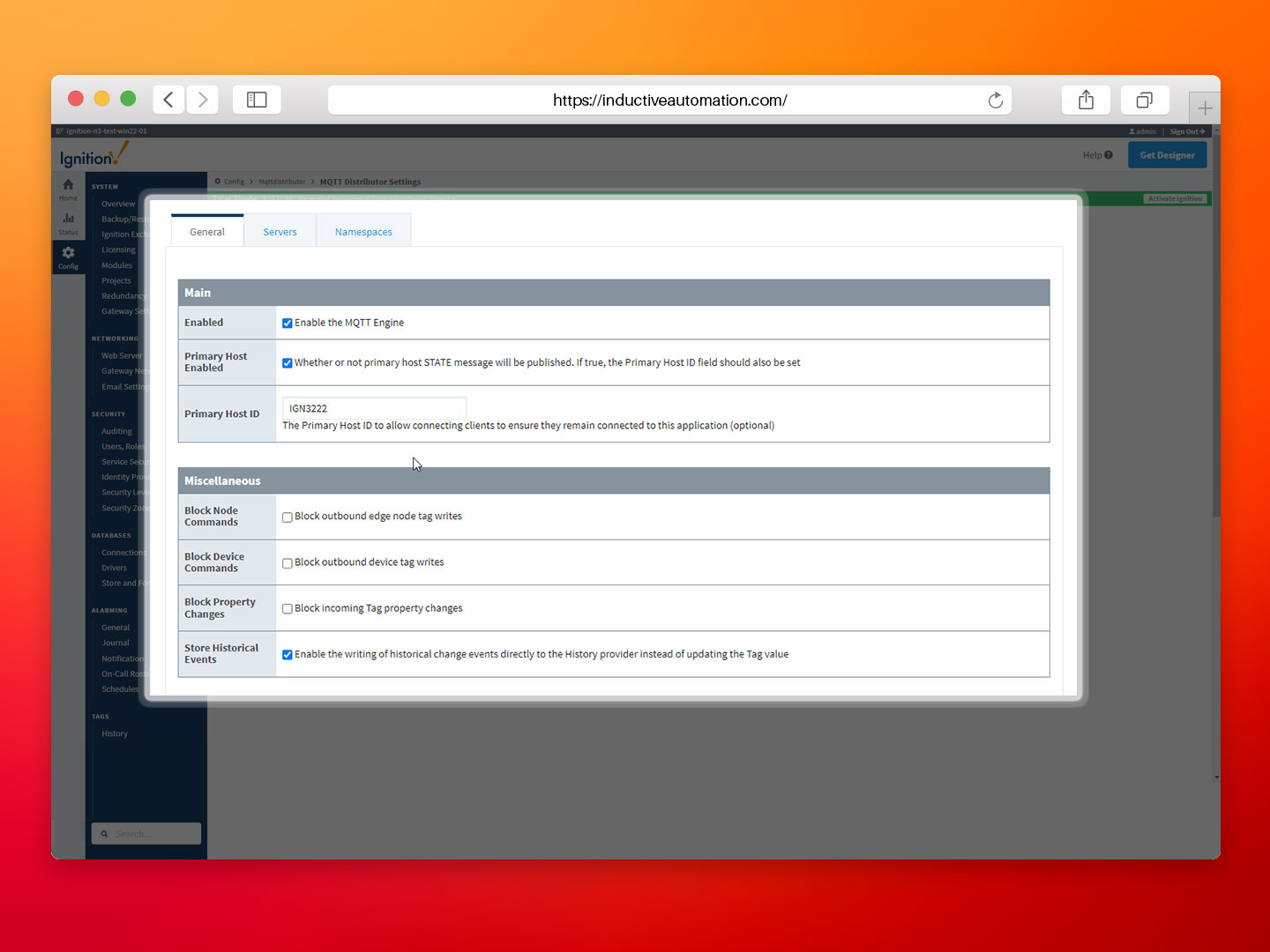 Image showing the main and miscellaneous options within the Ignition MQTT Engine Configuration panel