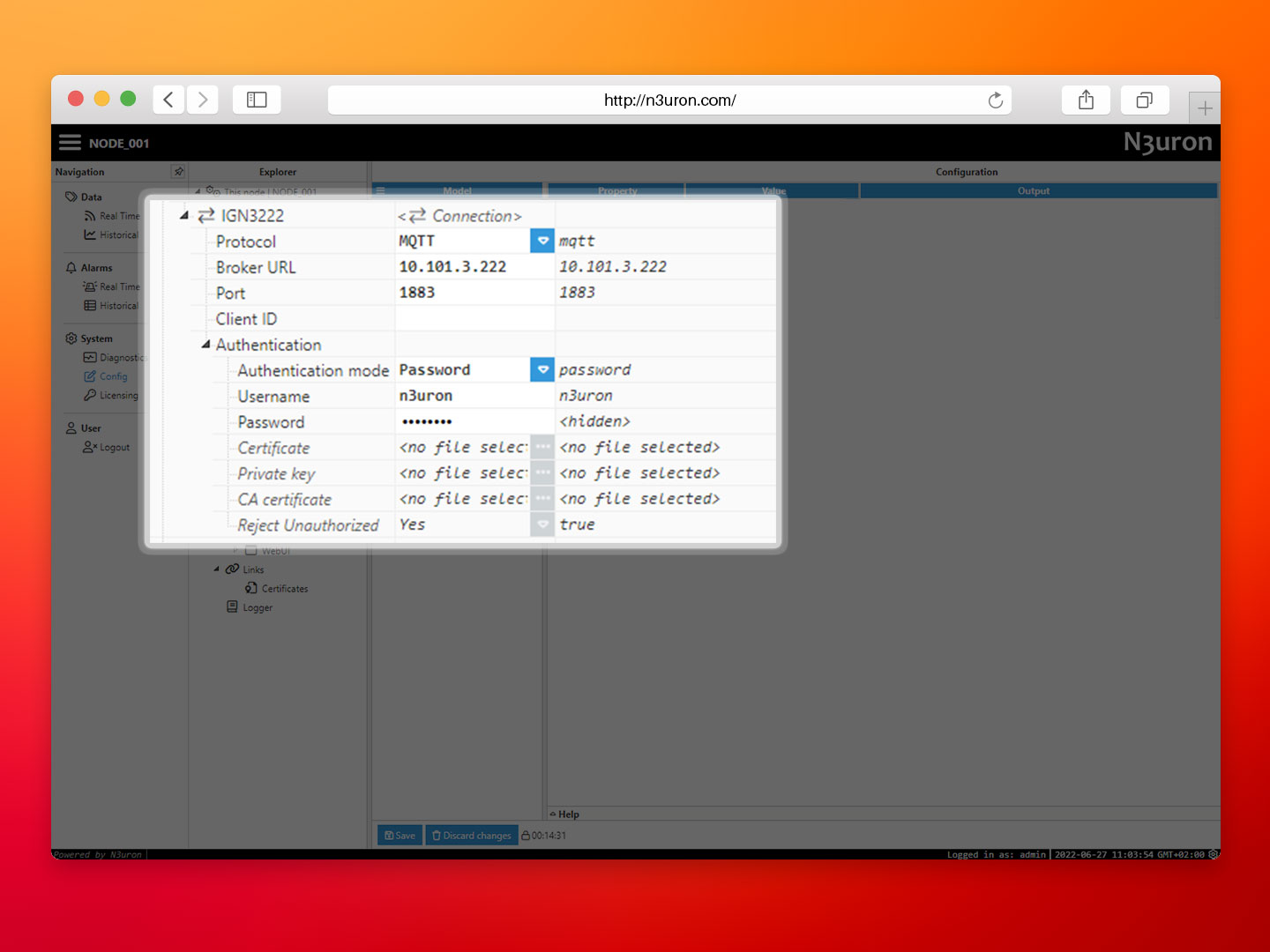 Picture showing the authentication configuration panel of the Sparkplug module within the N3uron IIoT Configuration panel