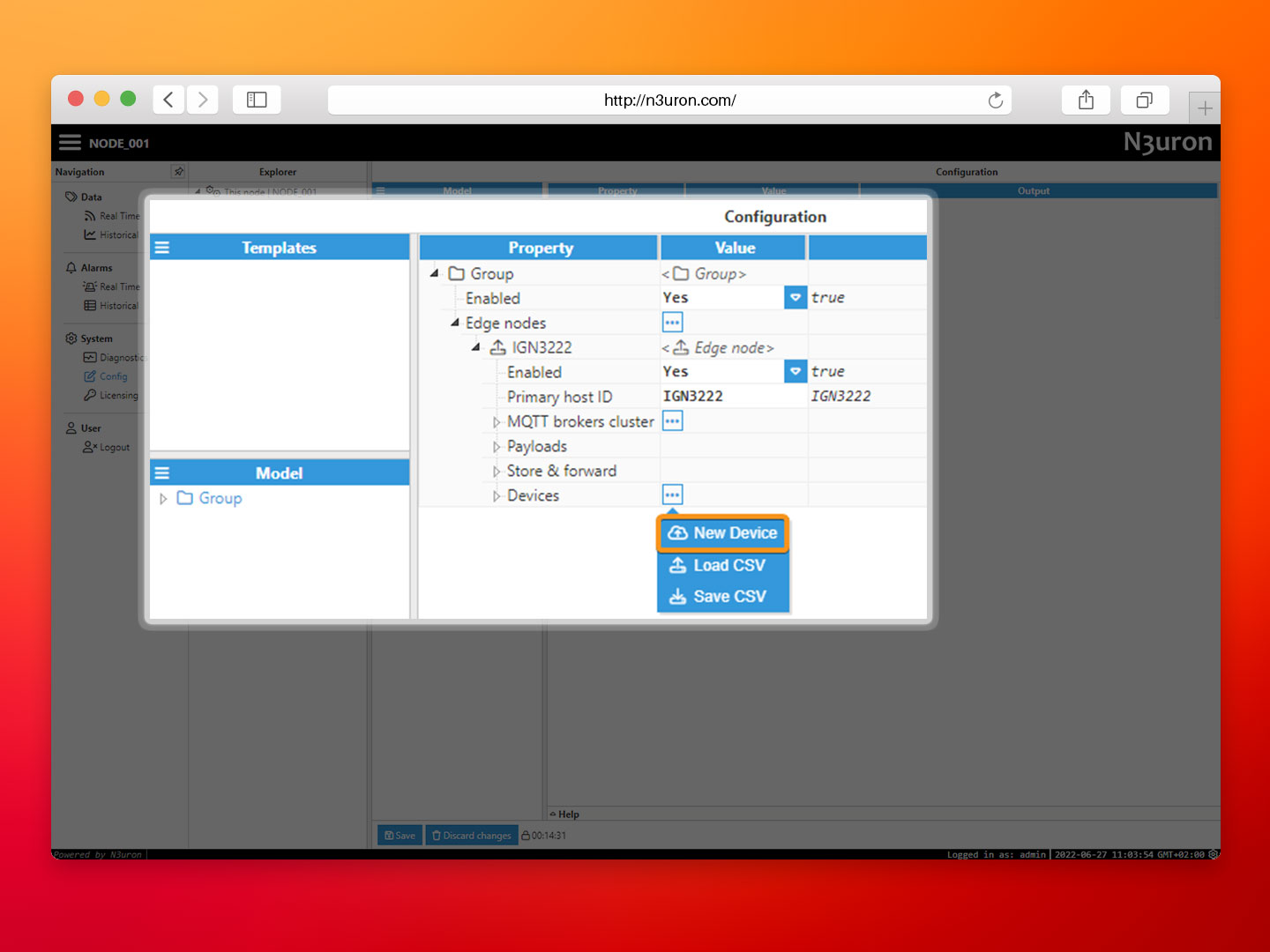 Picture showing the creation of a new device option using Sparkplug module within the N3uron IIoT Configuration panel