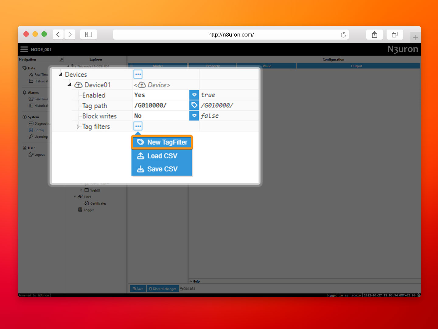 Picture showing the new tag filter creation option using Sparkplug module within the N3uron IIoT Configuration panel