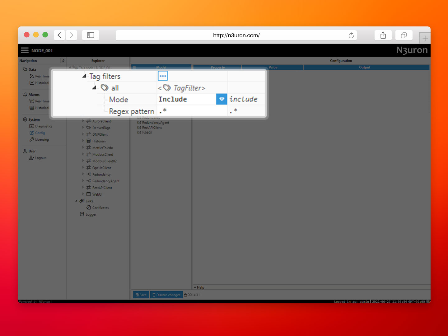 Image showing the tag filter configuration option using Sparkplug module within the N3uron IIoT Configuration panel
