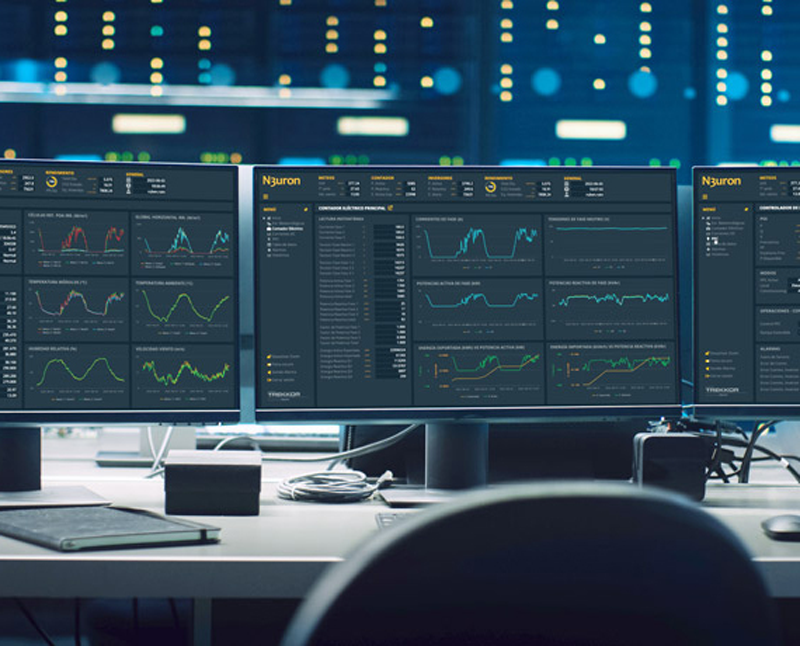 A SCADA system represented in three different monitors