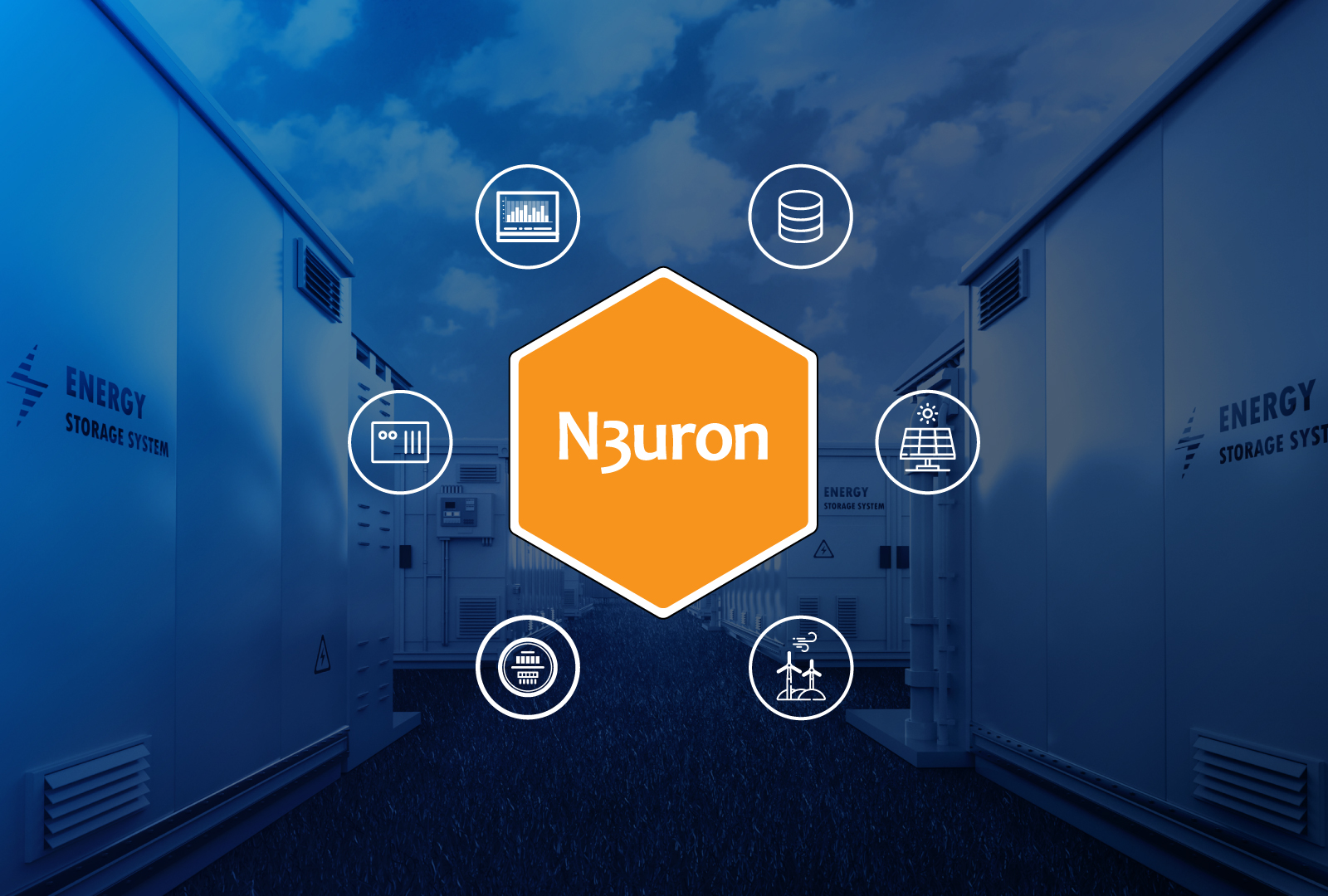 N3uron logo centered among icons representing key components of a Battery Energy Storage System (BESS), including data analytics, storage, and renewable energy integration, set against a backdrop of energy storage units.