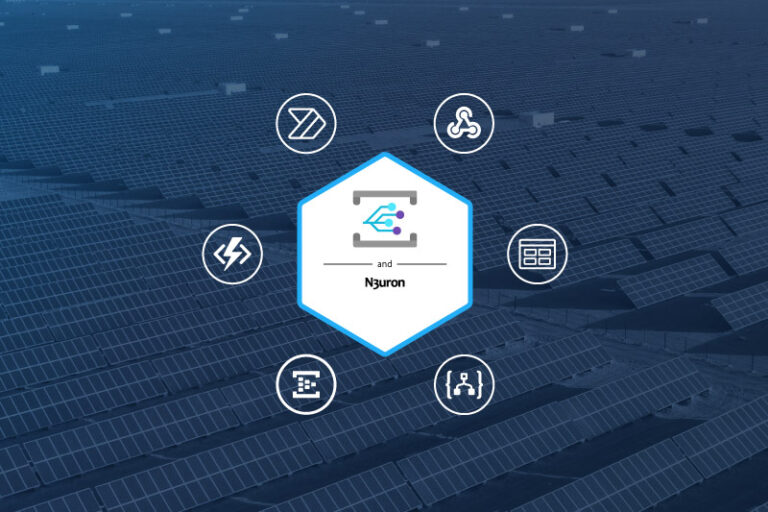 Microsoft Azure Event Grid and N3uron logos placed within a hexagonal white frame outlined in blue, positioned above a solar plant background.