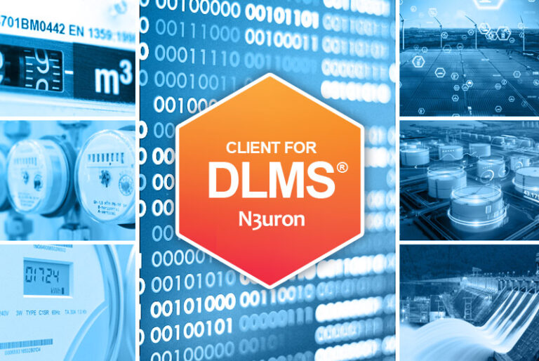 Varios meters and power plants with the N3uron orange hexagon featuring Client for DLMS logo.