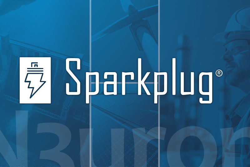 Sparkplug logo with a blue image of hydric plant, wind turbine, power plant, and solar plant