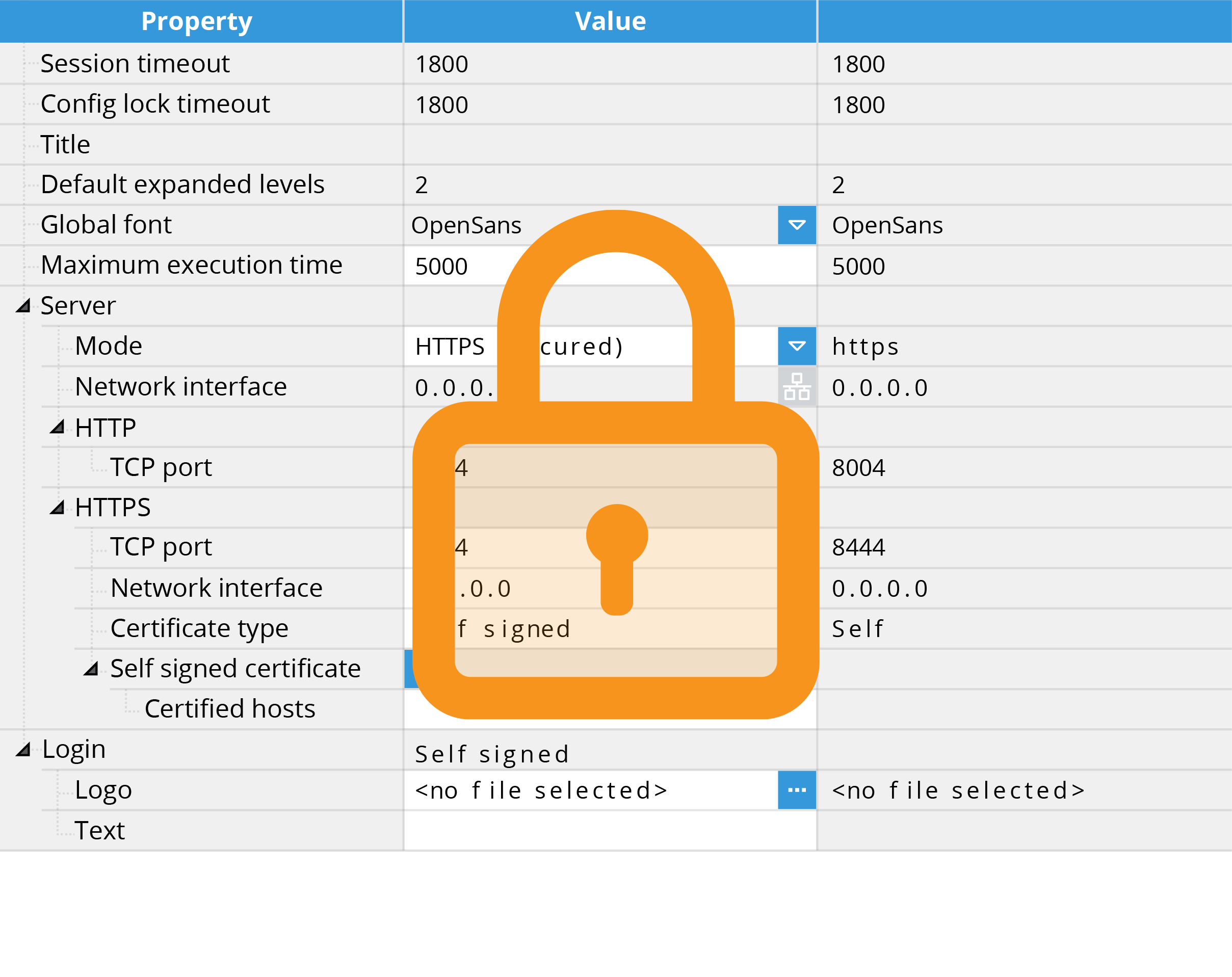 robust-security-customized-roles-https-access-image Image showing a zoomed screenshot of Web Vision's Configuration section with an orange padlock icon on top.
