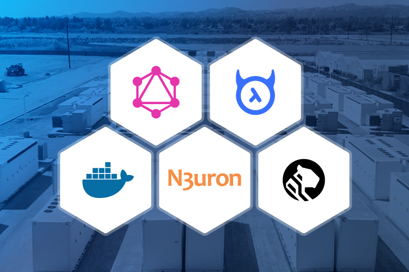 The GraphQL logo displayed alongside Hasura, Docker, Timescale, and N3uron logos with a battery plant underneath them.