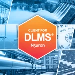 DLMS and N3uron logos placed within a hexagonal orange frame outlined in white, positioned above a energy plants background.