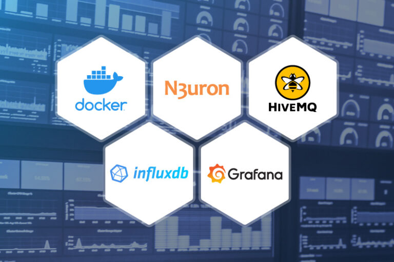 Five white hexagons with logos of popular companies - Docker, HiveMQ, InfluxDB, Grafana, and N3uron - on a blue background over multiple dashboards, symbolizing efficient data management through their integrated services.