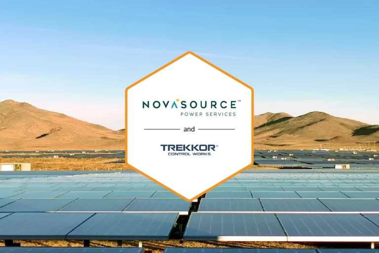 Novasource Power Services and Treccor Control Works logos displayed on a white hexagon with an orange border, set against a backdrop of a solar plant in Chile.
