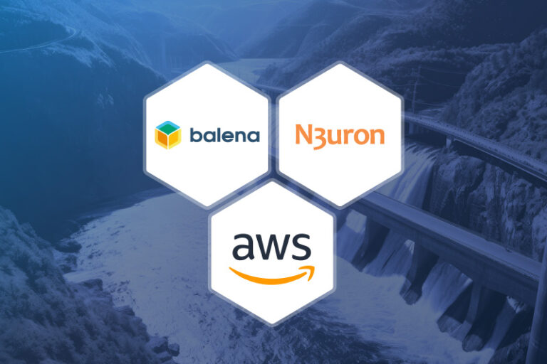 An duotone blue image featuring a dam nestled among mountains, accompanied by three hexagons displaying the logos of N3uron, Balena, and AWS.