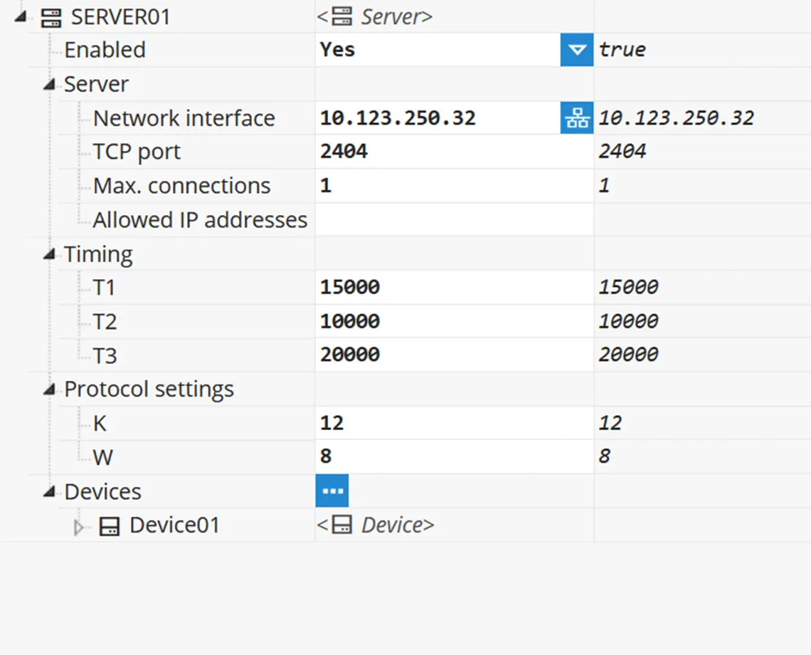 N3uron IEC 104 Server ASDU and Interrogation Configuration N3uron IEC 104 Server configuration showing TCP port 2404 settings and protocol timing parameters for T1, T2, and T3.