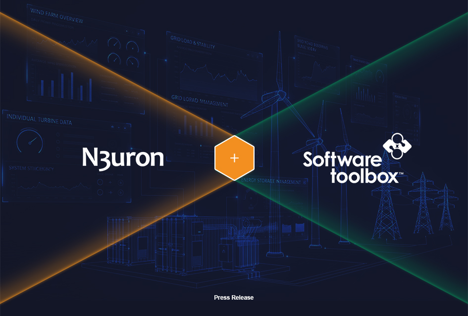 Large blue technical illustration with data dashboards, wind turbines, and power grids, announcing the partnership between N3uron and Software Toolbox for the US distribution of the Industrial Edge Platform for DataOps.