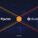 Large blue technical illustration with wind turbines and power grids, announcing the partnership between N3uron and Robustel for the pre-installed Industrial Edge on the EG5120 gateway.