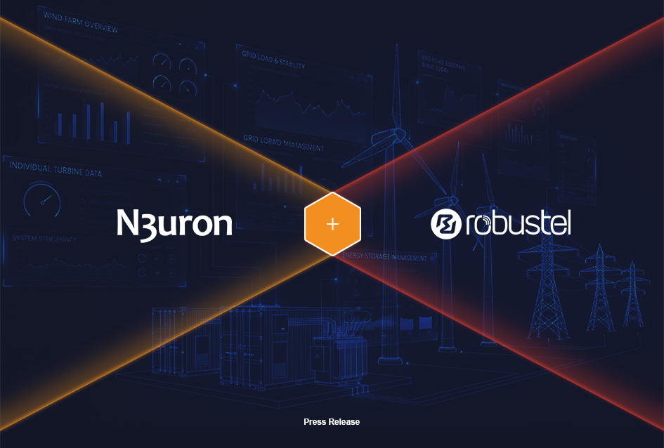 Large blue technical illustration with wind turbines and power grids, announcing the partnership between N3uron and Robustel for the pre-installed Industrial Edge on the EG5120 gateway.