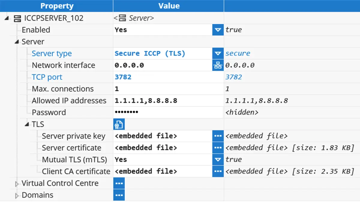 N3uron ICCP Server. Configurable Security for Data Exchange N3uron ICCP Server Secure ICCP configuration showing TLS, mTLS, IP allow-listing, and client authentication.